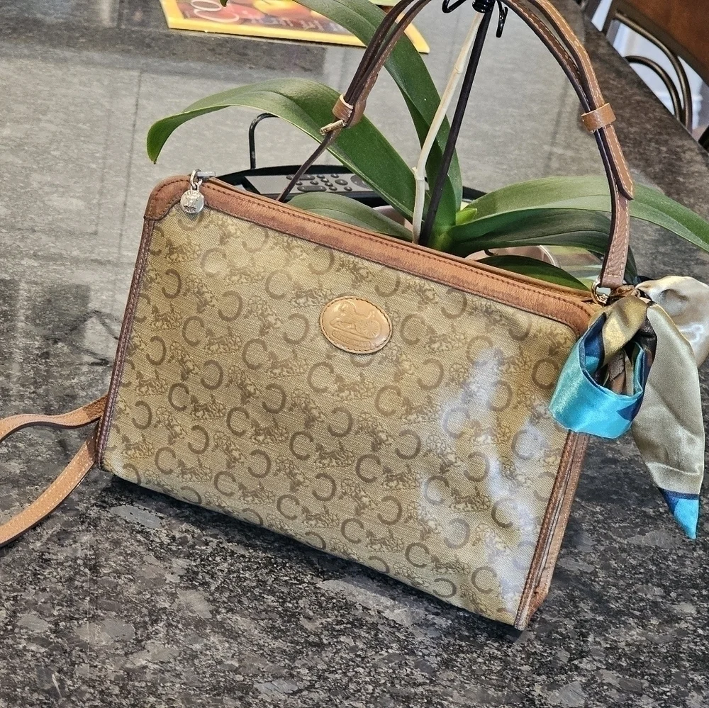 Céline "C" Monogram Horse & Carraige Coated Canvas Clutch w/Strap & Twilly Added - Picture 6 of 16